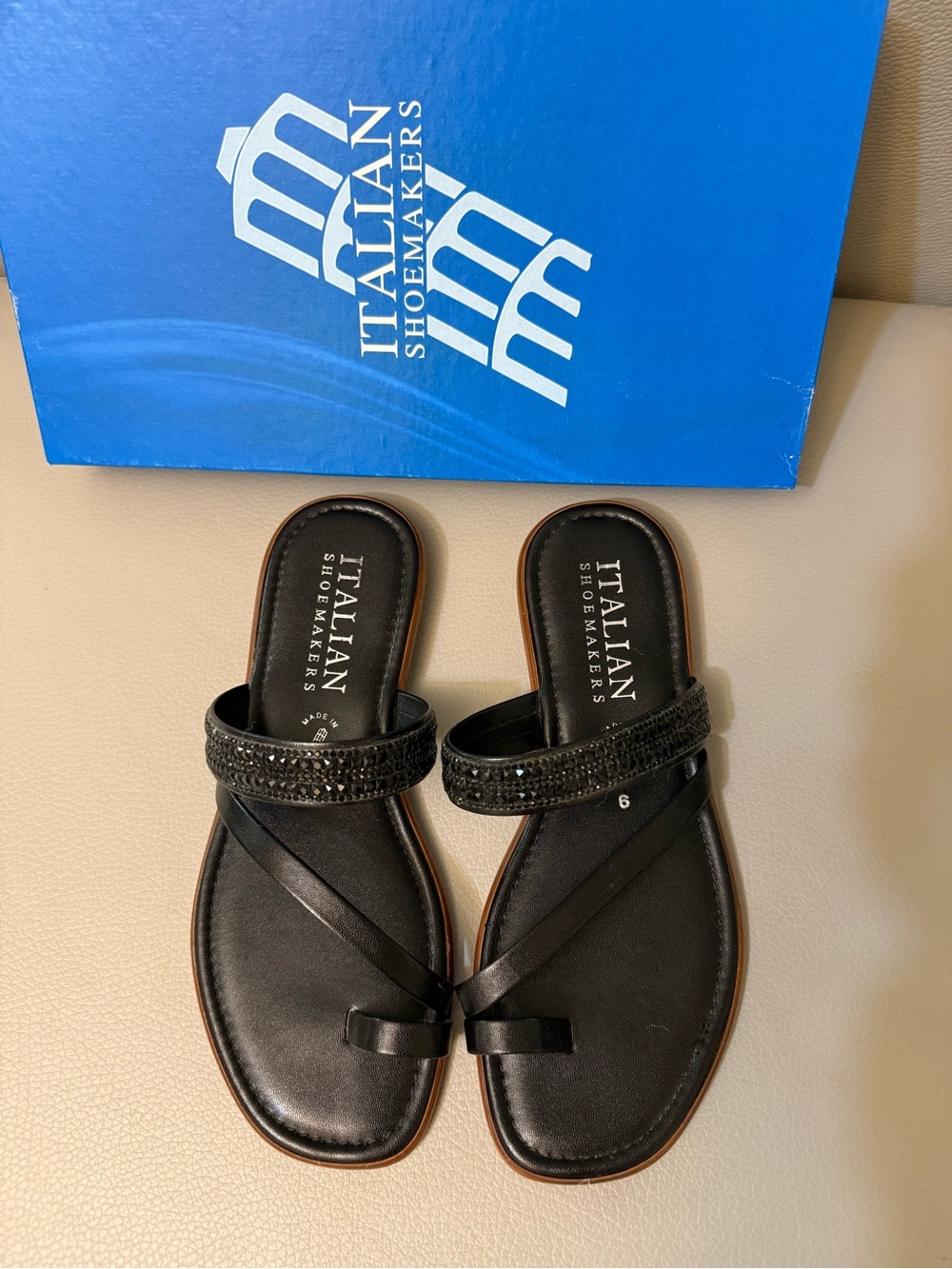Italian Shoemakers Black Jeweled Strap Toe-Ring Slide Sandals